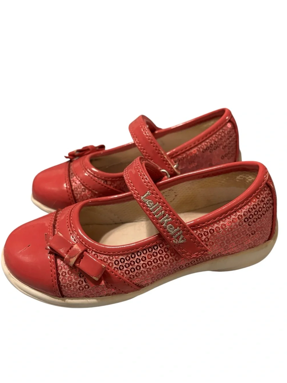 Lelli Kelly 8.5 9 Pink Sequined Mary Janes Bow Girls' Hot Pink Sparkle Shoes